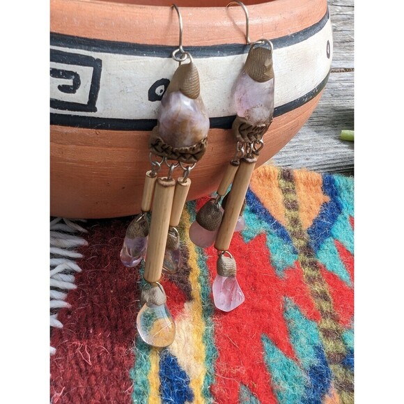 Vintage Stone Bohemian Earrings, Handcrafted Purple Gemstone Dangle Earrings - Picture 3 of 10